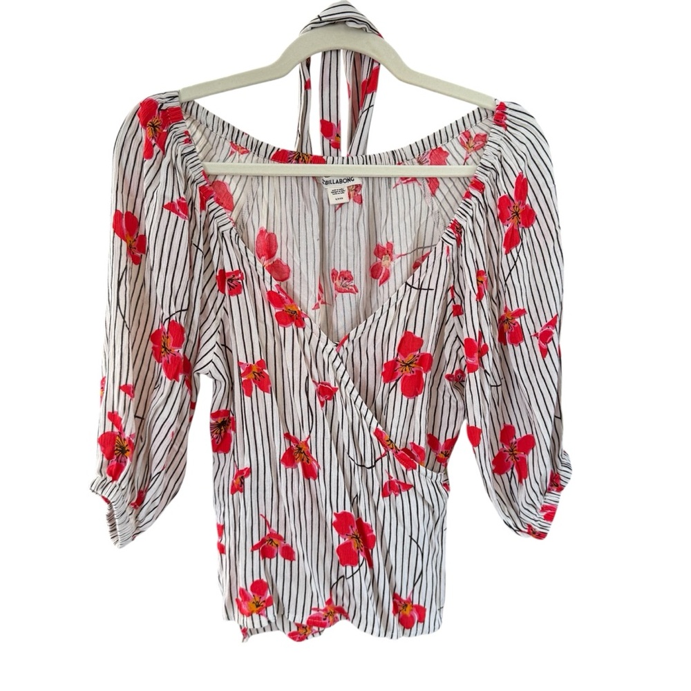 Billabong Lust Versatile True-Wrap Top White and Black Floral Striped Blouse